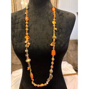 Vtg Abalone Shell Boho Chic Coral Beaded Necklace Gold Accents 41” polishd stone